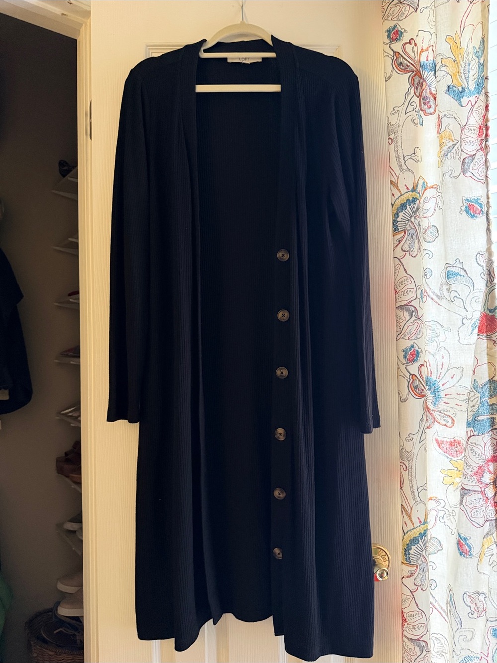 LOFT Long Black Ribbed Button-Front Cardigan